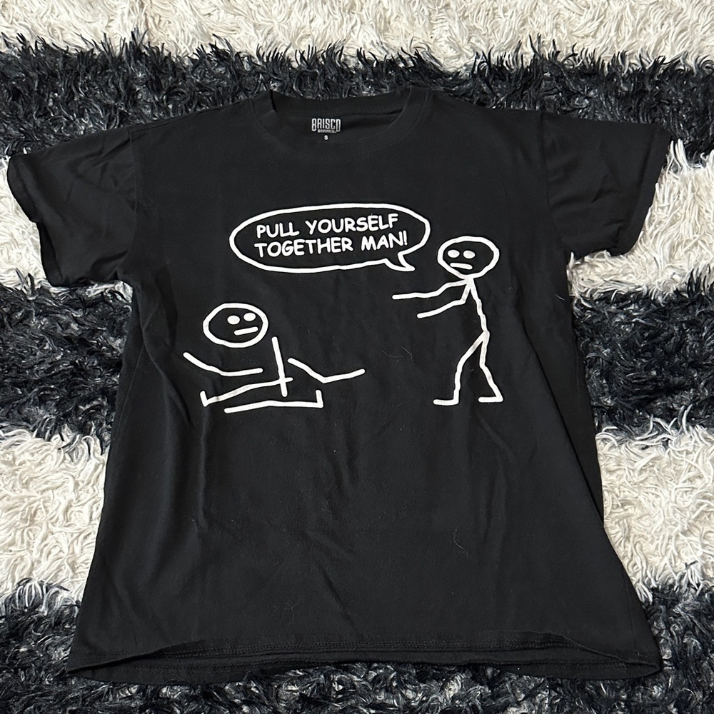 Black Graphic T-Shirt with Stick Figure Design, Funny, Small